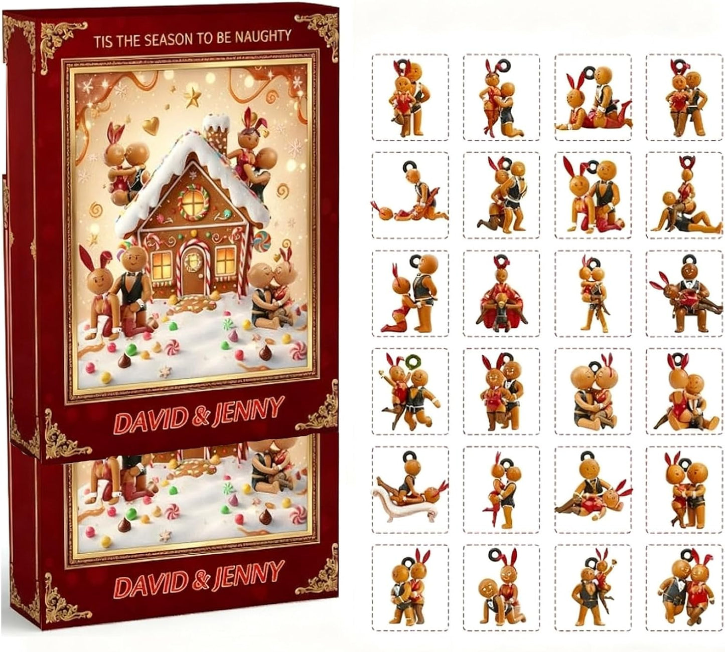 Gingerbread Couple Christmas Advent Calendar, 24 Days Blind Box Countdown with Miniature Decorations, Festive Holiday Surprise for Family & Couples