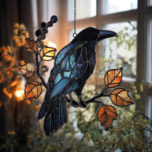 Black Raven on Branch Acrylic Suncatcher