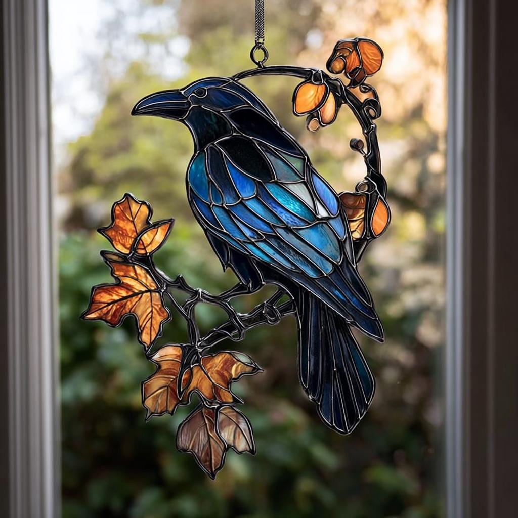 Black Raven on Branch Acrylic Suncatcher