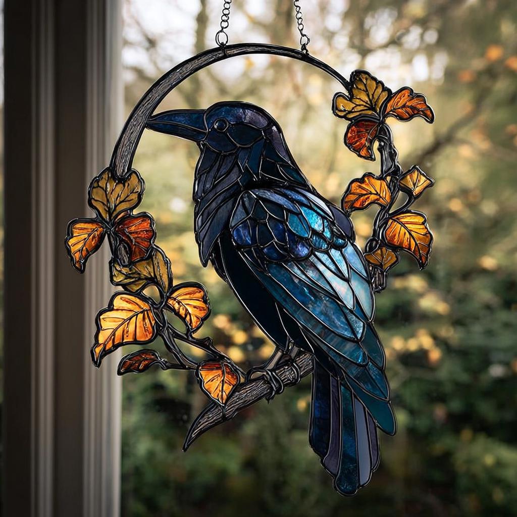 Black Raven on Branch Acrylic Suncatcher