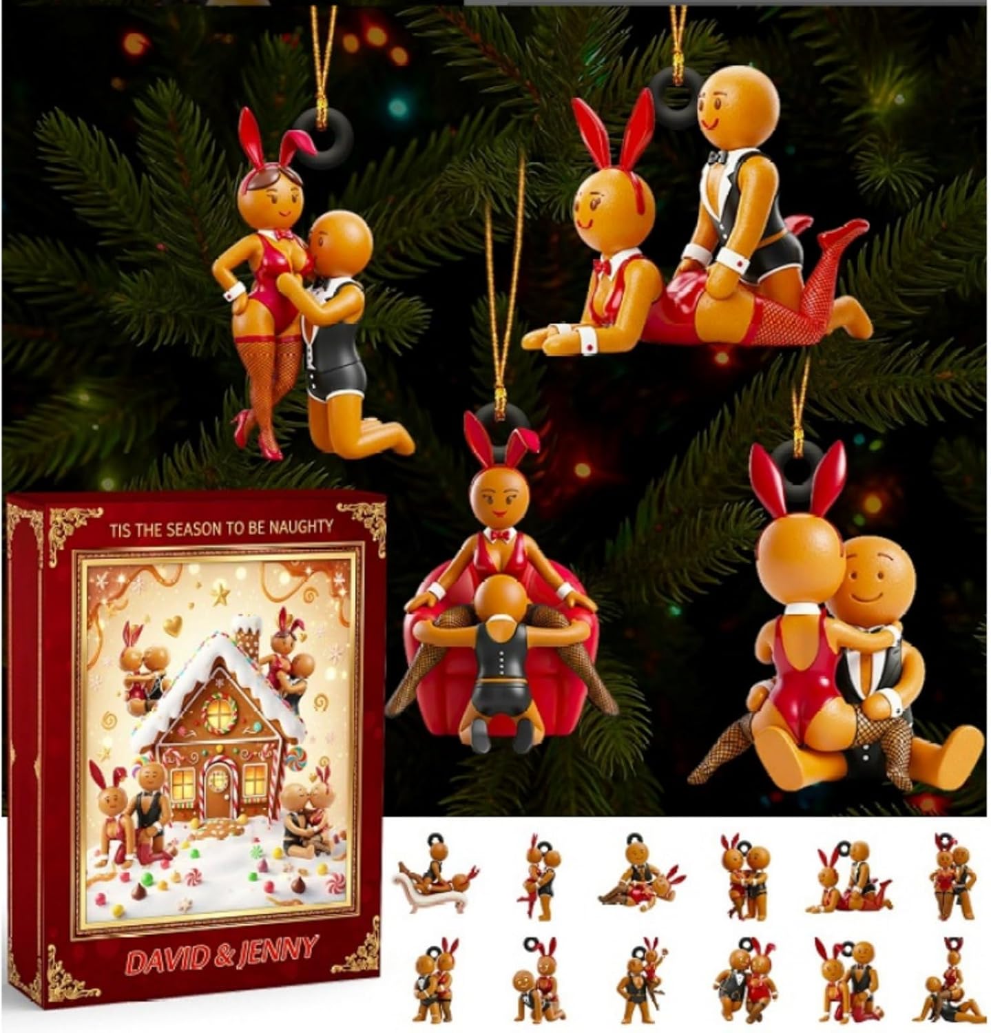 Gingerbread Couple Christmas Advent Calendar, 24 Days Blind Box Countdown with Miniature Decorations, Festive Holiday Surprise for Family & Couples