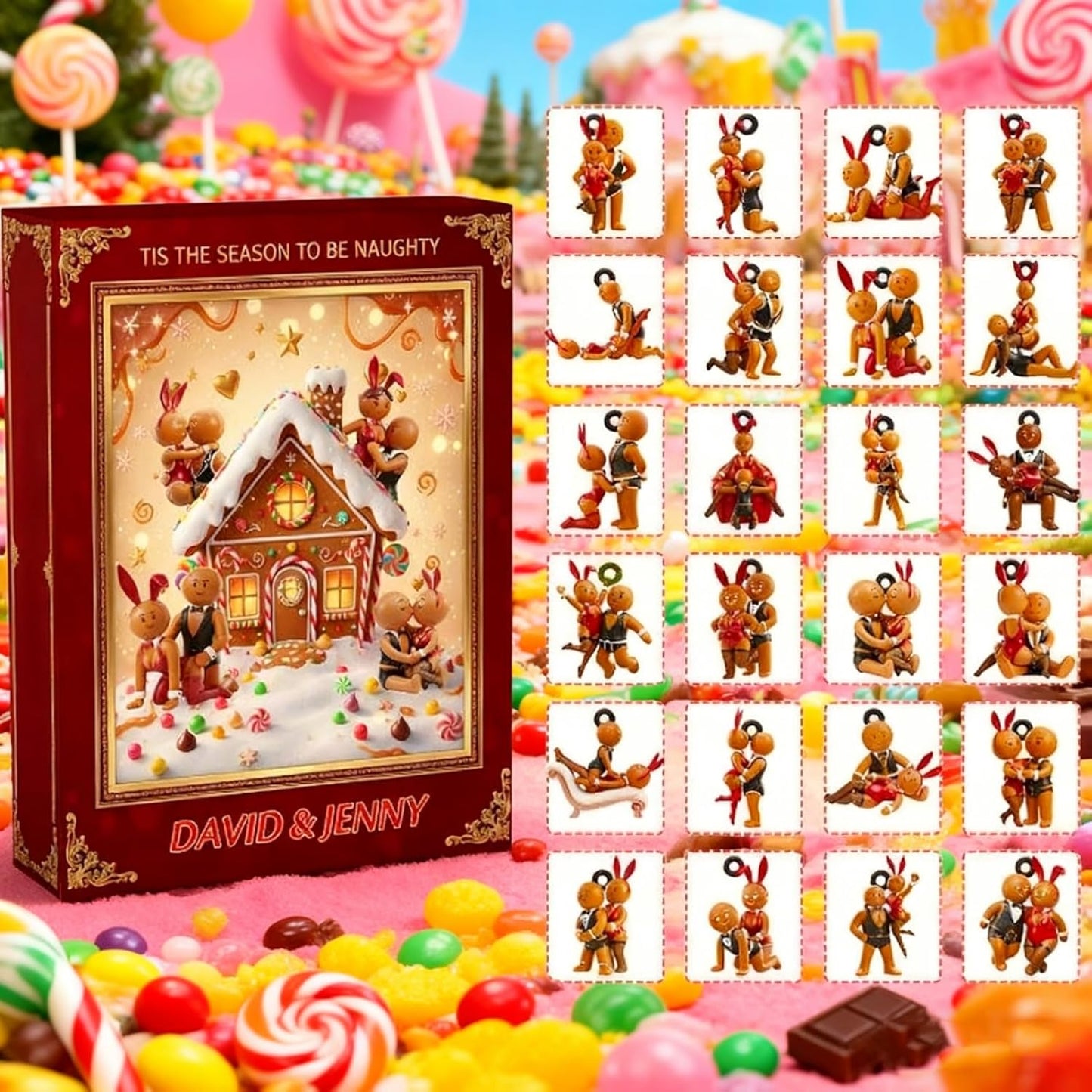 Gingerbread Couple Christmas Advent Calendar, 24 Days Blind Box Countdown with Miniature Decorations, Festive Holiday Surprise for Family & Couples