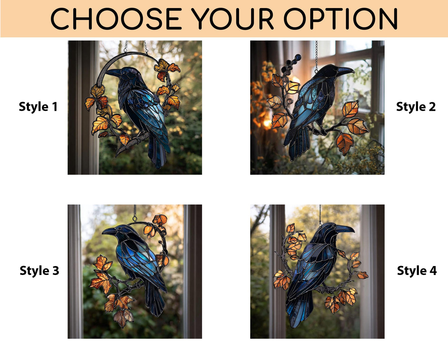 Black Raven on Branch Acrylic Suncatcher