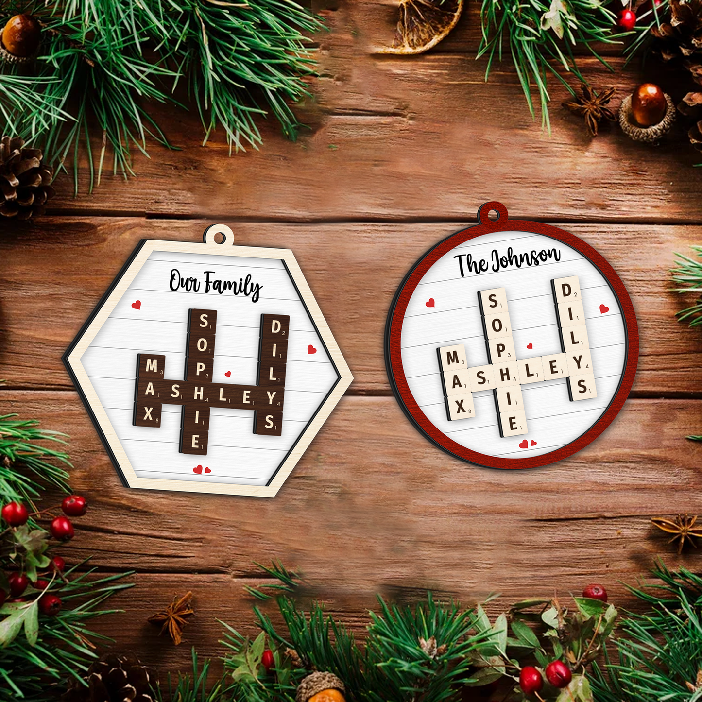 Personalized Family Crossword Puzzle Art 2-Layer Wooden Ornament, Christmas Gift For Family CF328 - Kindlytoys