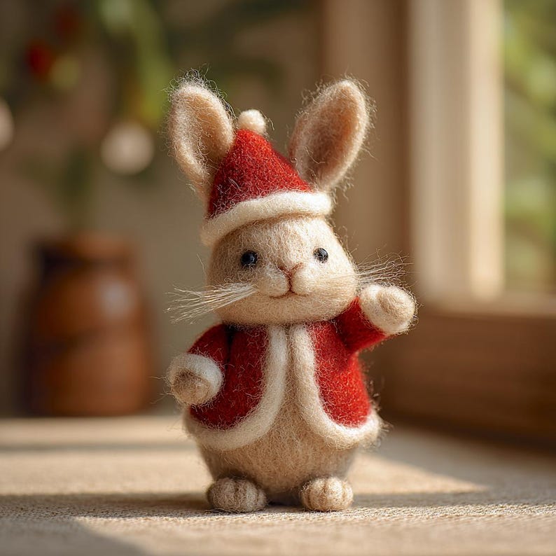 Handmade Wool Felt Christmas Bunny, Christmas Desk Decor, First Xmas Gift for Kids